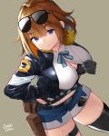  1girl artist_name bangs black_bra black_gloves black_legwear bra bra_peek breasts brown_hair closed_mouth commentary_request dress_pull eyebrows_visible_through_hair eyes_visible_through_hair eyewear_on_head girls_frontline gloves grey_background grizzly_mkv_(girls_frontline) gun hair_between_eyes highres jacket large_breasts leaning_forward looking_at_viewer oekakizuki pulled_by_self purple_eyes shirt short_hair shorts signature simple_background solo standing sunglasses thighhighs underwear weapon white_shirt 