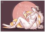  ambiguous_gender anabel anthro canid canine canis duo female feral flower flower_in_hair fur magnolia_anabel mammal nude plant reptile scalie sitting snake wolf 
