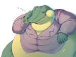  anthro belly big_belly bottomless chubby_cheeks clothed clothing crocodilian hyper hyper_belly love_handles male morbidly_obese obese obese_male overweight overweight_male reptile scalie simple_background solo straining_buttons tired white_background x_no_na_x 