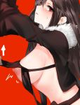  1girl areola_slip areolae arms_up black_hair blush breasts clothes_lift consort_yu_(fate) directional_arrow ear_piercing fate/grand_order fate_(series) from_side fur_trim hair_between_eyes highres large_breasts leaning_forward lifted_by_another long_hair long_sleeves looking_at_viewer looking_to_the_side motion_lines nipple_slip nipples nose_blush parted_lips pd_(pdpdlv1) piercing profile red_background red_eyes revealing_clothes ribbon_trim shrug_(clothing) sideways_glance simple_background solo_focus sweat upper_body 