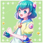  1girl :d aqua_eyes aqua_hair blue_gloves commentary_request eyebrows_visible_through_hair fingerless_gloves gloves green_background hagoromo_lala highres jewelry looking_at_viewer open_mouth pendant pointy_ears precure sayousuke short_hair short_sleeves single_glove smile solo star star-shaped_pupils star_twinkle_precure symbol-shaped_pupils 