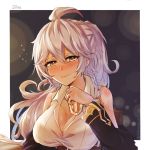  1girl ahoge bangs bare_shoulders blush braid breasts cleavage closed_mouth commentary english_commentary granblue_fantasy hair_between_eyes large_breasts long_hair looking_at_viewer silva_(granblue_fantasy) silver_hair smile twin_braids very_long_hair wavy_hair yellow_eyes zakuromu 