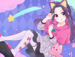  1girl :q aikatsu! aikatsu!_(series) animal_ears argyle argyle_background black_hair blue_background bow braid cat cat_ears check_(check_book) cloud commentary_request dress fake_animal_ears grey_dress heart long_hair long_sleeves looking_at_viewer no_bangs orange_bow paw_pose pink_bow pink_capelet polka_dot_capelet print_dress purple_eyes shirakaba_risa shooting_star slippers solo sparkle thighhighs tongue tongue_out white_legwear 