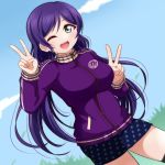  10s 1girl green_eyes long_hair love_live! love_live!_school_idol_project one_eye_closed open_mouth outdoors purple_hair shorts smile tagme toujou_nozomi v wewe wink 
