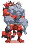  2019 abs absurd_res anal anal_penetration anthro balls claws cum cum_in_ass cum_inside duo erection eyes_closed felid feline front_view fur grey_skin hi_res incineroar invalid_color machoke maldu male male/male mammal multicolored_fur muscular muscular_male navel nintendo nude pecs penetration penis pok&eacute;mon pok&eacute;mon_(species) red_fur sex simple_background smile standing stripes two_tone_fur video_games white_background yellow_sclera 