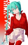  :t belt breasts buttons candy cleavage collarbone collared_shirt food green_eyes green_hair green_pupils hatsune_miku lollipop long_hair long_sleeves medium_breasts nail_polish red_legwear red_nails red_shirt shadow shirt shorts simple_background thighhighs vocaloid white_belt white_shorts yamakawa zettai_ryouiki 