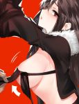  1girl areola_slip areolae arms_up black_hair blush breasts consort_yu_(fate) directional_arrow ear_piercing fate/grand_order fate_(series) from_side fur_trim hair_between_eyes highres large_breasts leaning_forward long_hair long_sleeves looking_at_viewer looking_to_the_side motion_lines nose_blush open_mouth pd_(pdpdlv1) piercing profile red_background red_eyes revealing_clothes ribbon_trim shrug_(clothing) sideways_glance simple_background solo_focus upper_body 