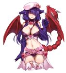  1girl animal_ears bare_shoulders belt breasts claws cleavage commission contrapposto cosplay cropped_legs cupid_(monster_girl_encyclopedia) cupid_(monster_girl_encyclopedia)_(cosplay) detached_collar eyebrows_visible_through_hair gluteal_fold hair_bobbles hair_ornament hair_over_one_eye hand_up hat heart highres large_breasts long_hair looking_at_viewer low_twintails manticore_(monster_girl_encyclopedia) micro_shorts monster_girl monster_girl_encyclopedia navel original parted_lips paws purple_eyes red_eyes reri_(elh) shorts simple_background smile solo tail terupancake thigh_gap thighhighs twintails white_background wings 