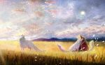  animal animal_ears ao_(aohari) clouds fox foxgirl grass original petals short_hair sky tail 