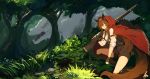  animal animal_ears boots brown_hair cape forest gloves grass gun headband hoodie kneehighs lansane little_red_riding_hood orange_eyes original shorts signed tree tsana_(lansane) weapon wolf 