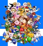  &gt;_&lt; 4girls 6+boys :d absurdres baseball_cap black_eyes blonde_hair blue_background blue_eyes blue_overalls blue_shorts blush bowser brown_hair brown_pants captain_falcon claws clenched_hand commentary_request creature creatures_(company) donkey_kong donkey_kong_(series) dr._mario dr._mario_(game) dual_persona f-zero facial_hair falco_lombardi fox_mccloud furry game_freak ganondorf gen_1_pokemon gen_2_pokemon gloves green_hat grin gun hammer hat helmet highres holding holding_baseball_bat holding_gun holding_hammer holding_sword holding_umbrella holding_weapon horns ice_climber ice_climbers jigglypuff kamakiri kirby kirby_(series) labcoat legendary_pokemon legs_apart link long_sleeves looking_at_viewer looking_away luigi male_focus mario mario_(series) marth metroid mewtwo mother_(game) mother_2 mr._game_&amp;_watch multiple_boys multiple_girls muscle mustache necktie ness nintendo open_mouth overalls pants pichu pikachu pointing pokemon pokemon_(creature) power_armor princess_peach princess_zelda red_footwear red_hat red_neckwear roy_(fire_emblem) samus_aran sharp_teeth shield shirt shoelaces shoes short_sleeves shorts sideways_hat slingshot smile sneakers star_fox striped striped_shirt super_smash_bros. sword teeth the_legend_of_zelda the_legend_of_zelda:_ocarina_of_time tongue tongue_out umbrella v weapon white_gloves white_pants winter_clothes yoshi young_link 