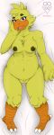  3_toes anthro avian beak bird blush breasts chica_(fnaf) chicken dakimakura_design feathers female five_nights_at_freddy&#039;s hi_res nipples non-mammal_breasts nude open_mouth overweight pose purple_eyes pussy slightly_chubby smile solo tail_feathers thevgbear thick_thighs toes tongue video_games wide_hips winged_arms wings yellow_feathers 