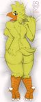  3_toes anthro avian beak bird blush breasts butt chica_(fnaf) chicken dakimakura_design feathers female five_nights_at_freddy&#039;s hand_on_butt hi_res looking_at_viewer looking_back nipples non-mammal_breasts nude open_mouth overweight pose purple_eyes pussy slightly_chubby smile solo tail_feathers thevgbear thick_thighs toes tongue video_games wide_hips winged_arms wings yellow_feathers 
