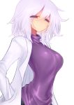  1girl breasts closed_mouth empty_eyes eyebrows_visible_through_hair hand_in_pocket kyuusui_gakari labcoat looking_at_viewer original short_hair smile solo white_background white_hair 