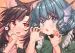  2girls :d animal_ear_fluff animal_ears bangs bare_shoulders blue_eyes blue_hair blush brooch brown_hair claw_pose collarbone commentary_request dress drill_hair drill_locks eyebrows_visible_through_hair fang green_kimono hand_on_own_chin hand_up hands_up head_fins heart highres imaizumi_kagerou japanese_clothes jewelry kimono long_hair long_sleeves looking_at_another looking_at_viewer masanaga_(tsukasa) multiple_girls off-shoulder_dress off_shoulder open_mouth orange_background portrait red_eyes short_hair simple_background smile spoken_heart star touhou v-shaped_eyebrows wakasagihime wide_sleeves wolf_ears 