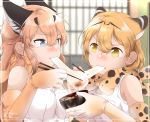  2girls amemiya_neru animal_ears blonde_hair blue_eyes blurry bow bowtie caracal_(kemono_friends) caracal_ears chopsticks depth_of_field elbow_gloves extra_ears eye_contact fang food_in_mouth gloves hair_between_eyes highres holding holding_chopsticks indoors kemono_friends looking_at_another mochi multiple_girls mushroom new_year print_gloves print_neckwear serval_(kemono_friends) serval_ears serval_print sharing_food shirt shouji signature sleeveless sleeveless_shirt sliding_doors upper_body yellow_eyes yellow_gloves yellow_neckwear zouni_soup 