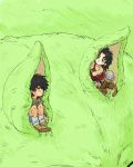  2boys agi_hire_(aji) armor bah_(dragon_ball) black_eyes black_hair boots bracelet broly broly_(dragon_ball_super) commentary_request covering dragon_ball dragon_ball_super_broly dragonball_z dual_persona happy height_difference jewelry looking_at_another male_focus multiple_boys peeking_out profile smile tail time_paradox 