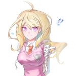  1girl ahoge akamatsu_kaede backpack bag blonde_hair commentary_request danganronpa eighth_note eyebrows_visible_through_hair hair_ornament hairclip highres long_hair looking_at_viewer musical_note musical_note_hair_ornament necktie new_danganronpa_v3 pink_eyes pink_sweater_vest red_neckwear school_uniform shirt simple_background smile solo sweater_vest tearing_up tears upper_body white_background white_backpack white_shirt wuyinmingyue 