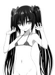  1girl bangs bare_arms bare_shoulders bikini_top bottomless bow breasts closed_mouth collarbone eyebrows_visible_through_hair greyscale groin hair_between_eyes hair_bow halter_top halterneck hands_up innocent_red long_hair looking_at_viewer monochrome navel out-of-frame_censoring simple_background small_breasts solo twintails usami_eru very_long_hair watarui white_background 