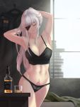  1girl absurdres alcohol armpits arms_up bangs bare_arms bare_shoulders bed black_coat black_panties blanket bottle breasts building camisole cleavage closed_mouth coat coat_removed collarbone commentary commentary_request cowboy_shot cup day drinking_glass english_commentary eyepatch eyes_closed facing_viewer girls_frontline hairdressing head_tilt highres indoors jack_daniel&#039;s korean_commentary large_breasts light_smile m16a1_(girls_frontline) m16a1_(girls_frontline)_(boss) multicolored_hair navel one_eye_covered orange_hair panties partial_commentary pubic_hair sangvis_ferri silver_hair solo stomach streaked_hair table tattoo toned un_lim underwear underwear_only whiskey window 