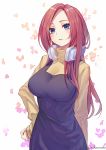  1girl apron bangs black_apron blue_eyes breasts brown_hair brown_shirt commentary_request go-toubun_no_hanayome hand_on_hip headphones headphones_around_neck large_breasts long_hair long_sleeves looking_at_viewer nakano_miku parted_bangs parted_lips petals red_hair sakanasoko shirt solo standing turtleneck twitter_username upper_body white_background 