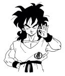  1boy black_eyes black_hair clothes_writing commentary_request dougi dragon_ball fingernails frown hand_on_hip highres lee_(dragon_garou) looking_at_viewer male_focus monochrome ok_sign simple_background upper_body white_background wristband yamcha 