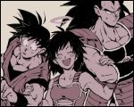  1girl 2boys :d ^_^ armor bare_arms bare_shoulders black_border black_hair border breasts brothers closed_eyes dougi dragon_ball dragon_ball_super_broly dragonball_z eyes_closed fingernails frown gine halo happy height_difference komebeimai locked_arms long_hair looking_away medium_breasts monochrome mother_and_son multiple_boys muscle nervous open_mouth raditz short_hair siblings simple_background smile son_gokuu spiked_hair surprised sweatdrop upper_body wide-eyed wristband 