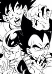  3boys :d armor black_eyes black_hair close-up commentary_request dragon_ball dragon_ball_super_broly dragonball_z embarrassed face fingernails frieza gloves highres lee_(dragon_garou) looking_at_viewer looking_away male_focus monochrome multiple_boys nervous ok_sign open_mouth short_hair simple_background single_glove smile son_gokuu spiked_hair sweatdrop upper_body vegeta white_background white_gloves 