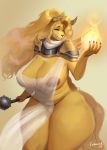  anthro big_breasts blonde_hair breasts canid canine canis chain clothed clothing domestic_dog emberfoxart emberwick female fur hair hi_res holding_object long_hair mabel_(cherrikissu) mace magic mammal melee_weapon pussy sheer_clothing skimpy solo standing translucent transparent_clothing valkyrie weapon yellow_eyes yellow_fur 