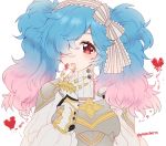  1girl armor blue_hair fire_emblem fire_emblem_if gradient_hair hair_over_one_eye long_sleeves multicolored_hair nintendo open_mouth pieri_(fire_emblem_if) pink_hair plushcharm red_eyes simple_background solo twintails twitter_username upper_body white_background 
