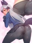  1girl animal_ears ass black_gloves black_hair black_legwear black_skirt blazer blue_jacket blush cameltoe fox_ears fox_tail fur_trim gloves gluteal_fold highres jacket kemono_friends long_hair long_sleeves looking_at_viewer looking_back multicolored_hair multiple_views open_mouth orange_eyes pantyhose pleated_skirt pussy_juice saliva silver_fox_(kemono_friends) silver_hair skirt spread_legs tail tongue tongue_out totokichi translation_request 