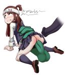  1girl 2boys anus arm_support ass black_legwear black_skirt blush brown_eyes brown_hair clenched_teeth commission cuff_links disembodied_penis hetero highres kagari_atsuko kneehighs little_witch_academia long_hair long_sleeves multiple_boys no_panties penis polyle pussy_juice sex shiny shiny_skin shoe_soles shoes simple_background skirt teeth testicles vaginal white_background 