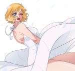  blue_eyes dress female light_background lipstick lisptick makeup millorart one_eye_closed one_piece petals red_lips short_hair simple_background smile solo stussy_(one_piece) thighs white_background white_dress wink 