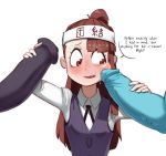  1girl 2boys ? blush brown_eyes brown_hair commission english_text highres kagari_atsuko little_witch_academia long_hair long_sleeves multiple_boys multiple_penises open_mouth penis penis_on_cheek polyle precum solo_focus sweat uncensored upper_body 