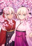  2girls ahoge bangs black_bow black_hakama blurry blurry_background blurry_foreground blush bow brown_eyes closed_mouth commentary_request depth_of_field eyebrows_visible_through_hair fate/grand_order fate_(series) flower gogatsu_fukuin hair_between_eyes hair_bow hair_ornament hakama highres japanese_clothes kimono koha-ace light_brown_hair long_sleeves looking_at_viewer multiple_girls okita_souji_(alter)_(fate) okita_souji_(fate) okita_souji_(fate)_(all) pink_flower pink_hakama pink_kimono red_kimono sidelocks signature smile tassel tree_branch white_hair wide_sleeves 