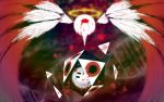  abstract blood bloody_tears commentary dna empty_eyes expressionless extra_eyes halo icosahedron kirby_(series) messy miracle_matter nakagawa_rui nintendo no_humans no_pupils one-eyed red_eyes spoilers spread_wings tail twitter_username void_termina watermark wings zero_two_(kirby) 
