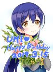  1girl 2019 bangs birthday blue_hair character_name commentary_request dated eatbara english_text eyebrows_visible_through_hair flower happy_birthday highres long_hair long_sleeves love_live! love_live!_school_idol_project sidelocks smile solo sonoda_umi upper_body yellow_eyes 