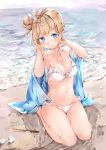  1girl absurdres artist_name bare_shoulders barefoot beach bikini blonde_hair blue_eyes blush breasts bunny_hair_ornament cleavage closed_mouth collarbone commentary_request dated day frilled_bikini frills girls_frontline hair_bun hair_intakes hair_ornament hands_up highres hmw_(pixiv7054584) horizon long_hair looking_at_viewer medium_breasts navel ocean outdoors sand seashell seiza shawl shell side_bun sidelocks sitting sky smile snowflake_hair_ornament solo stick stomach sunlight suomi_kp31_(girls_frontline) swimsuit thighs water white_bikini 
