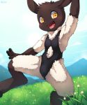  anthro blush bovid bulge caprine child cub digitigrade grass hi_res male mammal mountain open_mouth sheep simple_background solo standing unrealplace young 