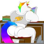  2019 anthro briefs bulge butt clothed clothing comic dave_(character) digital_media_(artwork) equid fairy_tail hair horn male mammal manga multicolored_hair muscular muscular_male notkastar rainbow reading rear_view signature sitting solo underwear unicorn 