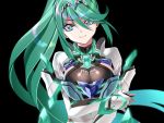  1girl armor bangs black_background breasts commentary crossed_arms earrings elbow_gloves eyebrows_visible_through_hair gem gloves green_eyes green_hair hair_ornament headpiece jewelry large_breasts long_hair looking_at_viewer nintendo pneuma_(xenoblade_2) ponytail raynartfr simple_background solo spoilers swept_bangs tiara very_long_hair xenoblade_(series) xenoblade_2 