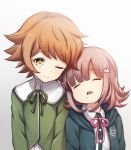  1girl age_difference brown_eyes brown_hair child commentary_request crossdressing danganronpa danganronpa_1 dot_nose eyebrows_visible_through_hair flipped_hair fujisaki_chihiro green_neckwear green_ribbon green_shirt hair_ornament hairclip highres hood hoodie leaning leaning_on_person nanami_chiaki one_eye_closed open_mouth pink_hair pink_neckwear pink_ribbon ribbon saliva school_uniform shirt short_hair simple_background sleeping smile super_danganronpa_2 trap upper_body white_background white_shirt y3010607 