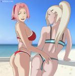  2girls ass blonde_hair blue_bra bra breasts female furutaka furutaka_(artist) green_eyes long_hair multiple_girls naruto naruto_(series) naruto_shippuden pink_hair red_bra sakura_haruno short_hair swimsuit underwear yamanaka_ino 