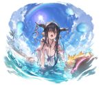  1girl all_fours alpha_transparency antenna_hair bandage bandaged_arm bandages beach bikini black_hair blue_sky blush breasts cleavage cloud collarbone crescent danua day doll draph front-tie_bikini front-tie_top granblue_fantasy gretel_(granblue_fantasy) hair_between_eyes hanging_breasts hansel_(granblue_fantasy) horn_ornament horns jewelry large_breasts long_hair looking_at_viewer minaba_hideo necklace ocean official_art open_mouth outdoors palm_tree pointy_ears rainbow red_eyes side-tie_bikini sky solo sun swimsuit transparent_background tree upper_teeth water wet wet_hair white_bikini 