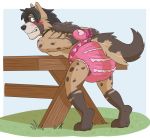 anthro blush civet collar diaper duffy embarrassed frilly fur girly griz_urso hair handcuffed looking_at_viewer looking_back lying male mammal mittens outside picnic_table raised_tail solo spread_legs spreading table viverrid 