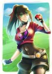  1girl black_bodysuit black_hat black_shorts bodysuit bodysuit_under_clothes breasts brown_hair choker cleavage collarbone covered_navel cowboy_shot creatures_(company) eyebrows_visible_through_hair female_protagonist_(pokemon_go) game_freak green_eyes hair_between_eyes hat high_ponytail highres holding holding_poke_ball jacket long_hair looking_at_viewer navel nintendo partially_unzipped peaked_cap poke_ball pokemon pokemon_go raito_(latek) red_jacket shiny shiny_clothes short_shorts shorts smile solo standing v-shaped_eyebrows 