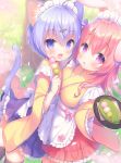  2girls :d animal_ears asymmetrical_docking bangs black_legwear blue_eyes blue_hair blue_skirt blush breast_press breasts bunny_ears cat_ears cat_girl cat_tail commentary_request dango day eyebrows_visible_through_hair fish_hair_ornament flat_chest food frilled_skirt frills hair_between_eyes hair_ornament hand_up holding holding_food holding_tray japanese_clothes kimono long_hair long_sleeves looking_at_viewer maid_headdress medium_breasts multiple_girls onka open_mouth original outdoors parted_lips pink_hair purple_eyes red_skirt sakura_(usashiro_mani) sanshoku_dango skirt smile tail tail_raised thighhighs tray tree usashiro_mani wa_maid wagashi wide_sleeves yellow_kimono 