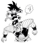  2boys :d armor arms_at_sides black_eyes black_hair clenched_teeth dragon_ball dragon_ball_super_broly facial_hair fingernails frown height_difference highres lee_(dragon_garou) looking_at_another looking_down looking_up male_focus monochrome multiple_boys mustache nappa nervous open_mouth outstretched_arms scouter short_hair simple_background smile son_gokuu spiked_hair standing standing_on_one_leg standing_on_person sweatdrop tail teeth thought_bubble translation_request upper_body white_background younger 