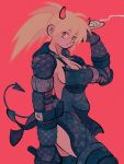  1girl bangs blonde_hair breasts cleavage cowboy_shot dorohedoro dumpling food gloves hair_between_eyes highres horns jiaozi large_breasts long_hair looking_at_viewer nikaidou_(dorohedoro) parted_lips plate ponytail red_background red_eyes red_horns sideboob simple_background solo uzuta 