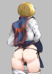  1girl ass beads black_panties blonde_hair chinese_clothes echigoya_takeru flat_ass from_behind g-string genderswap genderswap_(mtf) grey_background hunter_x_hunter kurapika panties pants_down pussy_peek short_hair side-tie_panties solo tabard thighs thong underwear 